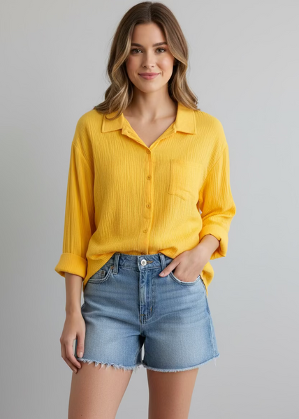 Bright and Sunny Yellow Cotton Gauze Button down Shirt