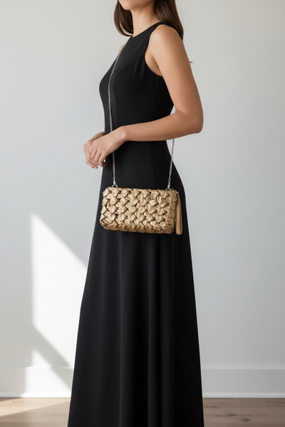 So Golden Metallic Woven Crossbody Clutch Bag