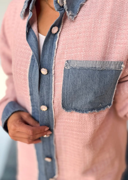 Pink Shacket with Denim Contrast and Raw Hem