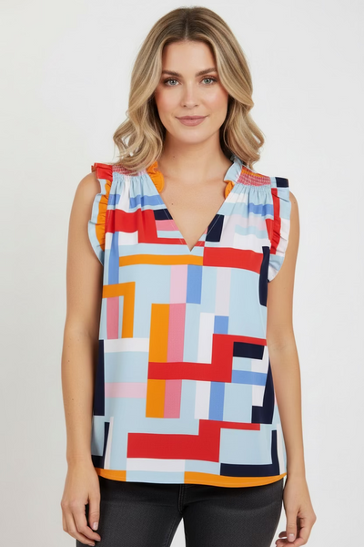 Colorful Geo Ruffle Collar Top by THML