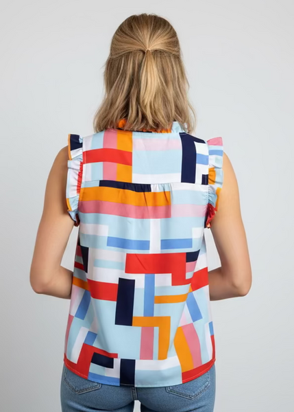 Colorful Geo Ruffle Collar Top by THML