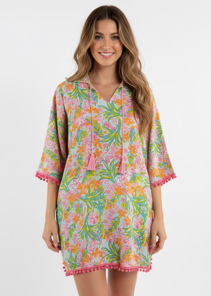 Floral Print Swim Cover with Pom Detail
