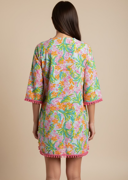 Floral Print Swim Cover with Pom Detail