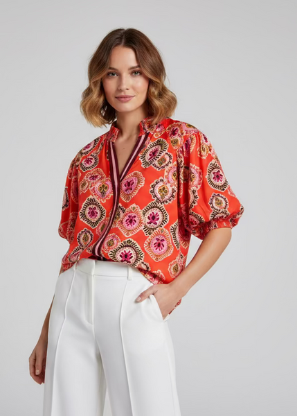 Orange V-neck Top with Puff Sleeves
