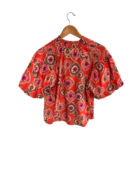 Orange V-neck Top with Puff Sleeves