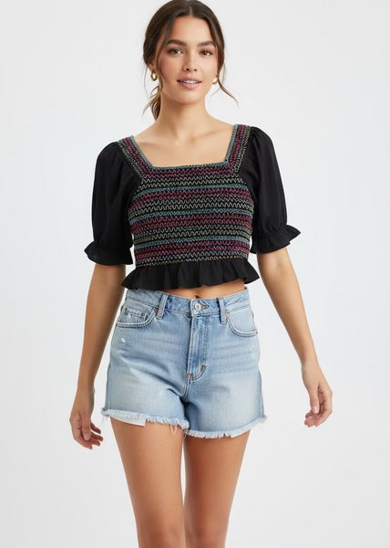 Black Smocked Crop Top with Colorful Embroidered Front ~ FINAL SALE