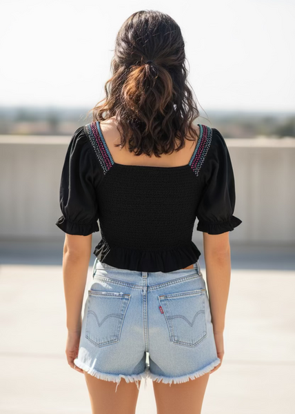 Black Smocked Crop Top with Colorful Embroidered Front ~ FINAL SALE