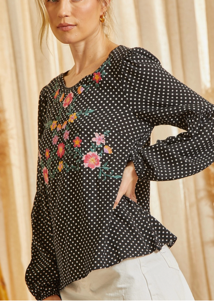 Savanna Jane Floral Embroidery Polka Dot Top~FINAL SALE