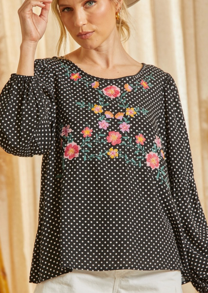 Savanna Jane Floral Embroidery Polka Dot Top~FINAL SALE