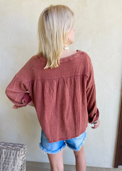 Cinnamon Mineral Washed Cotton Gauze Top