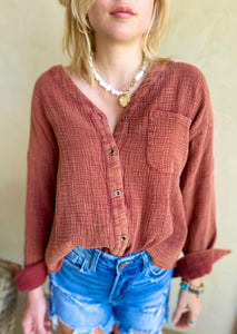 Cinnamon Mineral Washed Cotton Gauze Top