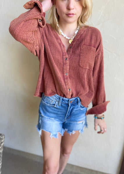 Cinnamon Mineral Washed Cotton Gauze Top