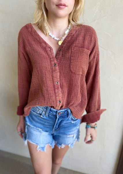 Cinnamon Mineral Washed Cotton Gauze Top