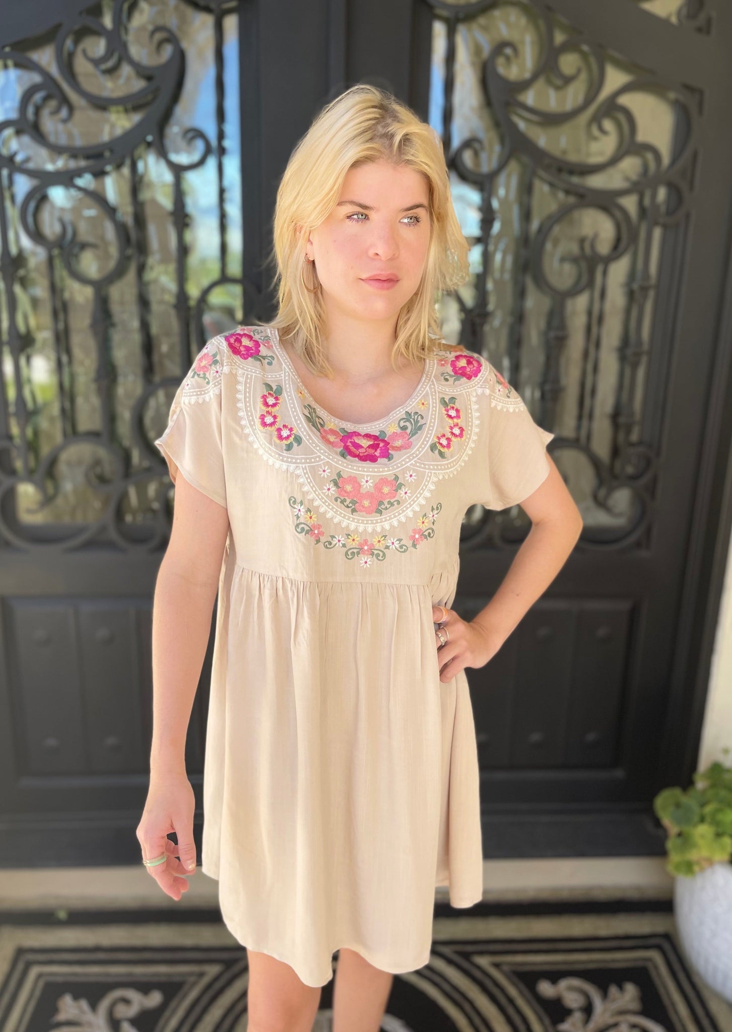 Floral Embroidered Dress in Oatmeal ~FINAL SALE