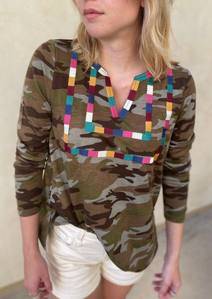 Camo Embroidered Neckline Long Sleeve Top~FINAL SALE