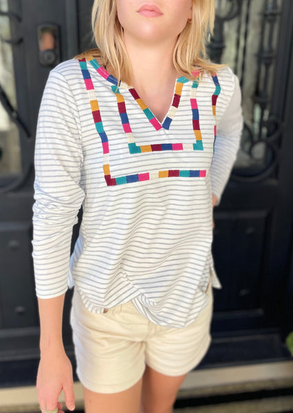 Striped Embroidered Detail Long Sleeve Top ~FINAL SALE
