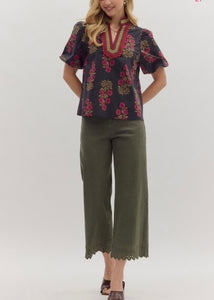 Olive High Waist Embroidered Hem Pants
