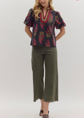 Olive High Waist Embroidered Hem Pants