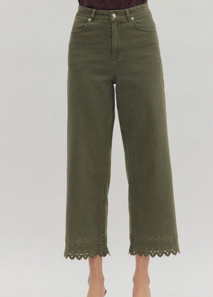 Olive High Waist Embroidered Hem Pants