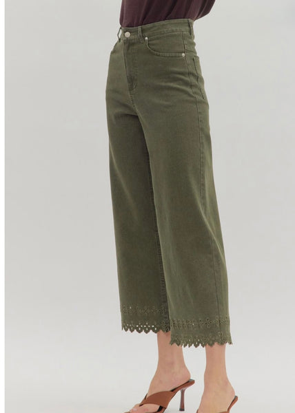 Olive High Waist Embroidered Hem Pants