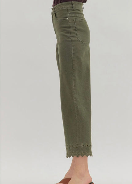 Olive High Waist Embroidered Hem Pants