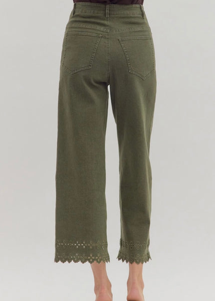Olive High Waist Embroidered Hem Pants