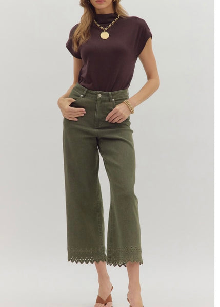 Olive High Waist Embroidered Hem Pants