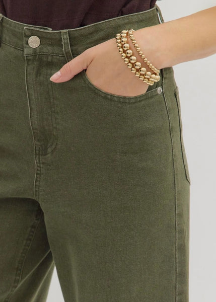 Olive High Waist Embroidered Hem Pants