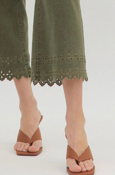 Olive High Waist Embroidered Hem Pants