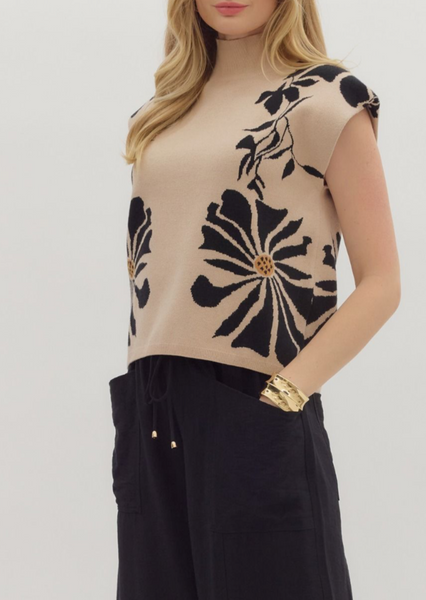 Floral Knit Top with Cap Sleeves