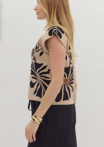 Floral Knit Top with Cap Sleeves