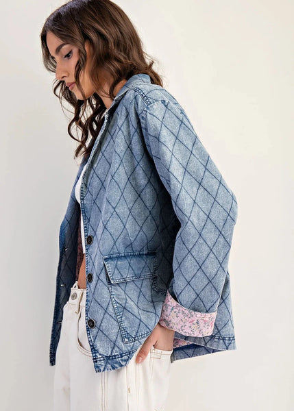 Quilted Denim Jacket with Floral Lining