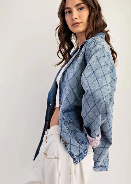 Quilted Denim Jacket with Floral Lining