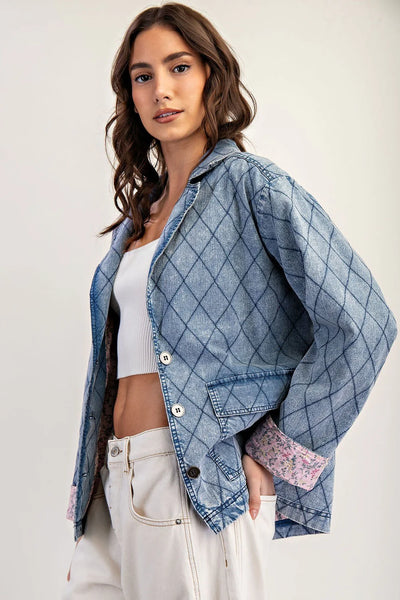 Quilted Denim Jacket with Floral Lining
