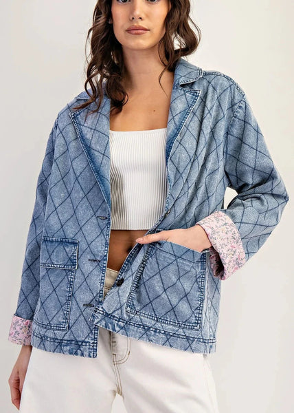 Quilted Denim Jacket with Floral Lining