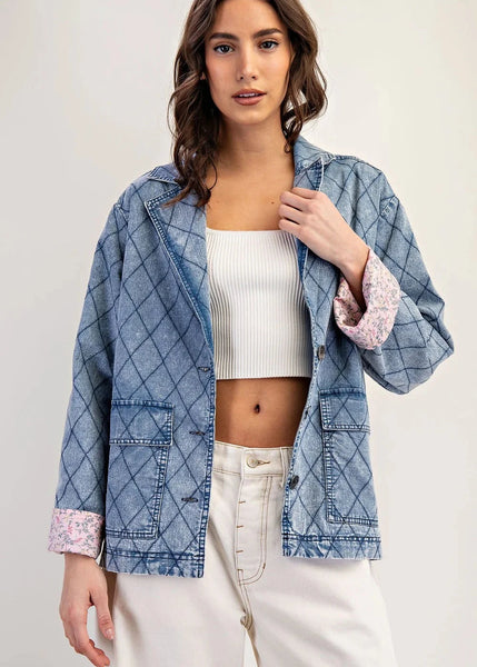 Quilted Denim Jacket with Floral Lining