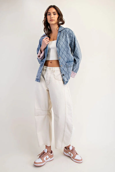 Quilted Denim Jacket with Floral Lining