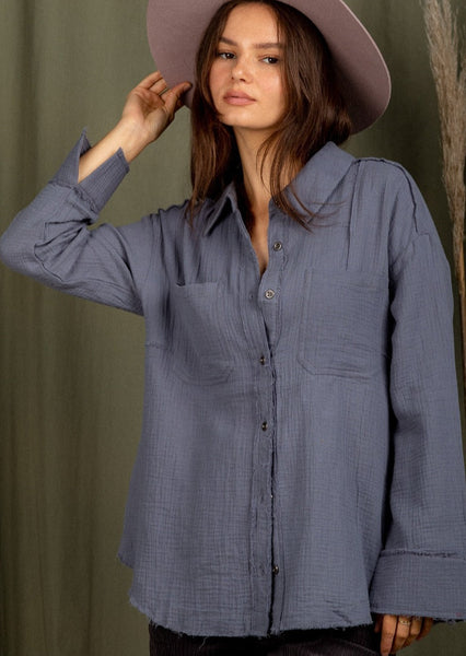 Smoky Blue Frayed Hem Lightweight Top~FINAL SALE