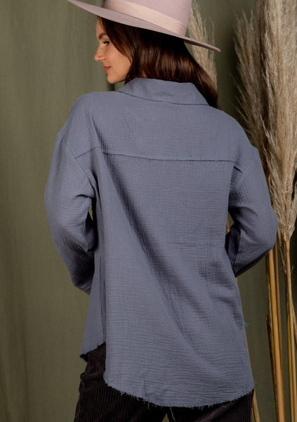 Smoky Blue Frayed Hem Lightweight Top~FINAL SALE