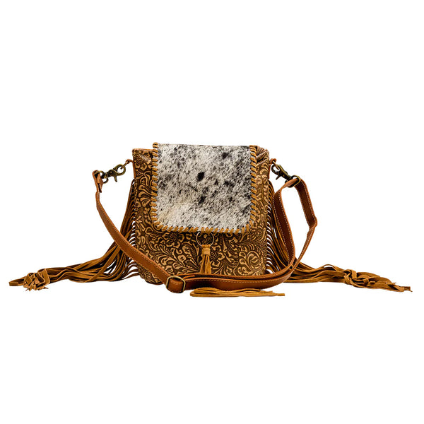 Myra Tooled Leather Hairon Crossbody Bag with Fringe