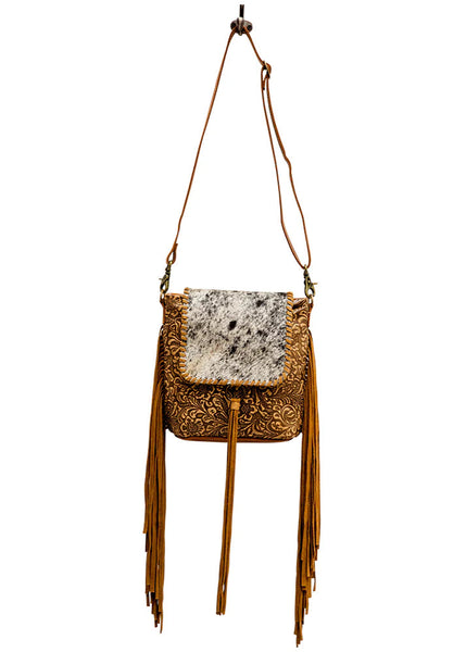 Myra Tooled Leather Hairon Crossbody Bag with Fringe