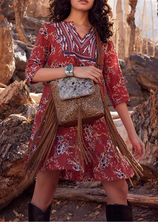 Myra Tooled Leather Hairon Crossbody Bag with Fringe