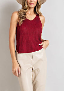 V-neck Knit Tank Top in Burgundy