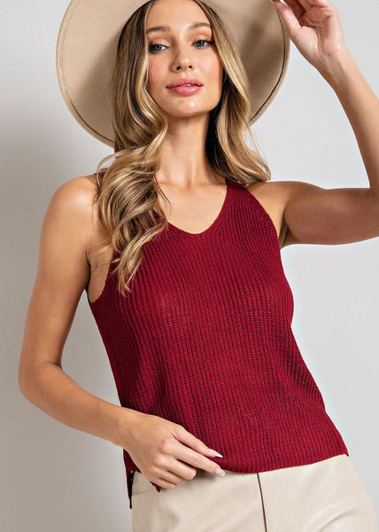 V-neck Knit Tank Top in Burgundy