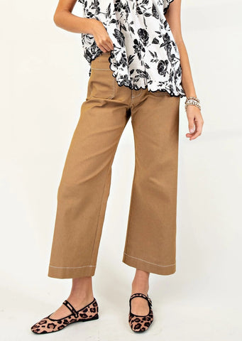 Cropped Wide Leg Pants with Contrast Stitching in Khaki