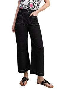 Cropped Wide Leg Pants with Contrast Stitching in Black