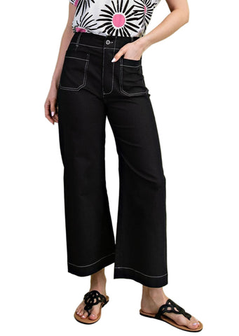 Cropped Wide Leg Pants with Contrast Stitching in Black