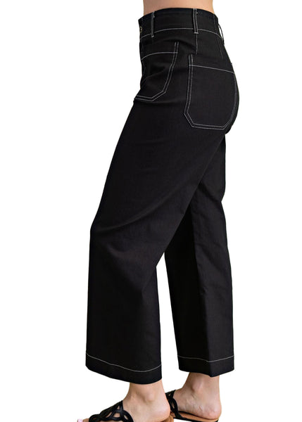 Cropped Wide Leg Pants with Contrast Stitching in Black