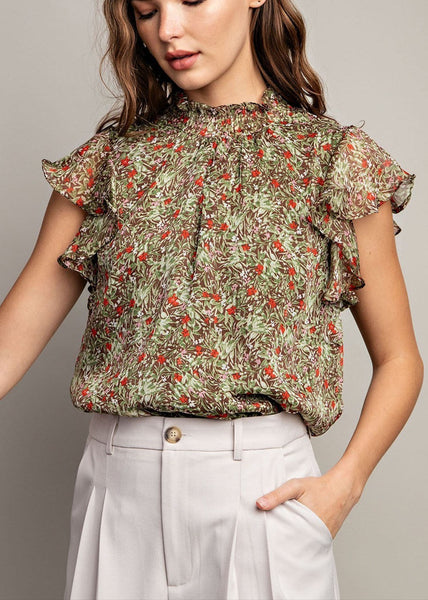 Floral Smock Neck Ruffle Sleeve Blouse