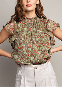 Floral Smock Neck Ruffle Sleeve Blouse